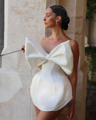 Lunivop Sexy White Satin Short Mini Wedding Party Dresses Strapless Prom Gowns Big Bow Princess Bride Gowns Formal Bridal Event Dress