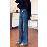 Lunivop Spring Autumn Non Stick Straight Cut Blue Denim Jeans for Fat Sisters High Waist Flattering Pear Shape Wide Leg Trousers