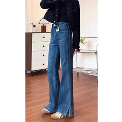 Lunivop Spring Autumn Non Stick Straight Cut Blue Denim Jeans for Fat Sisters High Waist Flattering Pear Shape Wide Leg Trousers