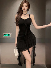 Lunivop Black Patchwork Mesh Ruffled Sexy Club Dress Summer Pleated Bodycon Sling Dress Women Korean Vintage Hepburn Evening Dress