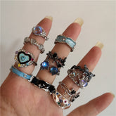 Lunivop Y2K Kpop Crystal Heart Star Adjustable Irregular Geometry Punk Vintage Harajuku Rings Set For Women Girl Fashion Grunge Jewelry