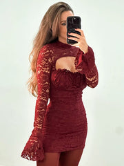 Lunivop Turtleneck Sexy Hollow Out Lace Women Dress Black Flare Sleeve A-line Dress Femme Spring Skinny Elegant Party Club Dress