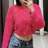Lunivop Flower Button Fuzzy Knit Sweater Cardigan Warm Fluffy Button-up Crop Sweater Jacket Knitwear Teen-girl Fall Winter Cute Outfit