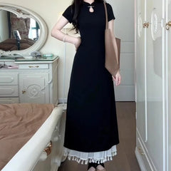 Lunivop Ele Bla Dr New Chinese Sle High Waist A-Line Skirt ort Sve Women's Spring Faion Sensation Gown