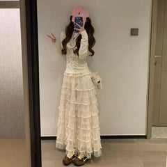 Lunivop Fairycore Sweet Cake Skirts Women Kawaii Korean Style Ruffle Long Skirt Elegant Cutecore High Waist Mesh Layered Skirt