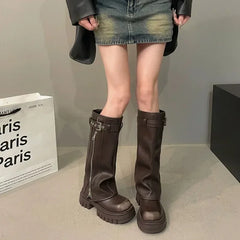 Lunivop Winter Women Biker Boots Fashion Belt Buckle Ladies Elegant Platform Long Pipe Booties Casual Women's Knee High Booties