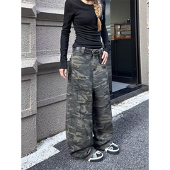 Lunivop Autumn Camouflage Cargo Pants Women Y2K Streetwear High Rise Jeans Retro Wide Leg Trousers Denim Straight Trousers Harajuku