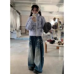 Lunivop Women's Retro Wide Leg Baggy Casual Denim Trouser Harajuku Washed High Waist Loose Jeans 2024 Autumn Blue 2000s Pants