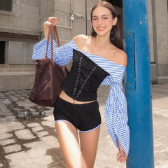 Lunivop Off The Shoudler Striped Print Lantern Sleeve Crop Top Pants Womens Sets Casual Clothing Y2K Streetwear Fashion Korean