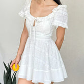 Lunivop Pretty Girl Holiday Summer Dresses Women O Neck Short Sleeve A-line Mini Hollow Out Embroidery White Dress Backless Robe