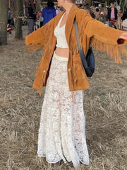 Lunivop Fashion Lace Long Skirts For Women High Waist See Through Sexy Skirt Versatile Solid Color Loose Casual Autumn Winter New