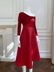 Lunivop Solid Slanted Collar Off Shoulder Dresses For Women Long Sleeve High Waist Causal Loose Thin Dress Female Clothing