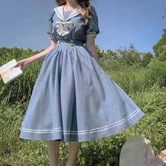 Lunivop Japanese Sailor Suit Summer Womens Dresses Preppy Style Lolita JK Midi Dresses Casual Sailor Collar Elegant Party Dress