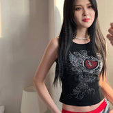Lunivop Y2k Crop Top Aesthetic clothing Fairy Grunge Rhinestone Graphic Tank Tops 90's Black Ribbed Sleeveless Tank Top Y2k