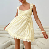 Lunivop Women Backless Babydoll Dress Jacquard Eyelet Ruffle Hem Dress Vintage Lace Square Neck Frill Bust High Waist A-Line Sundress