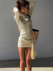 Lunivop Turn-down Collar Bandage Ruched Women Dress Long Sleeve Single Breasted Dress Autumn Skinny Elegant Vacation Party Dress