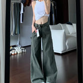 Lunivop American Retro Army Green Cargo Jeans for Women Autumn Winter High Waist Slim Design Straight Wide Leg Floor Length Pants