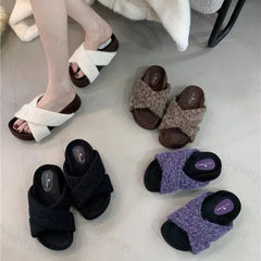 Lunivop Cross Band Plush House Slippers for Women New Open Toe Soft Sole Fuzzy Home Shoes Woman Winter Cozy Warm Indoor Floor Slippers