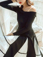 Lunivop Elegant Luxury Evening Dress Slash Neck Long Sleeve Slim Contrast Color Patry Dresses For Women New Spring