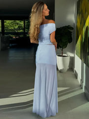 Lunivop Mesh Patchwork Sheer Maxi Skirts Suit Women Summer Sexy Off Shoulder Slim Tops Two Piece Sets Chic Lady Elegant Long Dress 2025