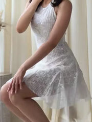 Lunivop Women Sexy Lace Mini Halter Dress Chic Solid Sleeveless Backless Sequin A-line Slim Fit Dresses New Ladies Party Vestidos