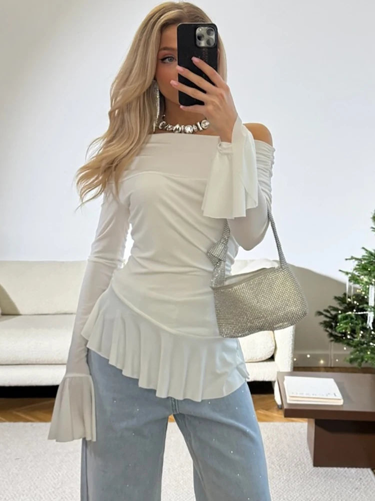 Lunivop Sexy Off Shoulder Ruffles Women T-shirt White Flare Sleeve Pullover T-shirt Female Spring Slim Elegant Party Streetwear