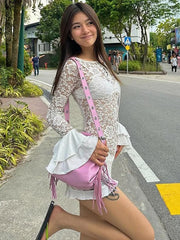 Lunivop Sexy See Through Lace Women Dress White Off Shoulder Flare Sleeve Dress Female Spring Slim Elegant Party Streetwear