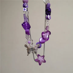 Lunivop Vintage Y2k Cute Heart Butterfly Pendant Purple Acrylic Beaded Chain Choker Necklace Goth Egirl Aesthetic EMO Grunge Accessories