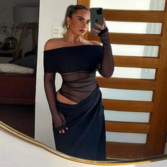 Lunivop Off Shoulder Long Dresses For Women See Through Mesh Spliced Black Dinner Dress Sexy Elegant Birthday Outfits