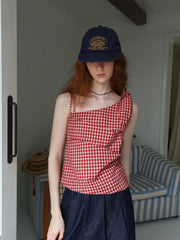 Lunivop American Retro Plaid Tanks Women Slim Sexy Off Shoulder Camis Tanks Cute Bow Vintage Female Summer Casual Y2K Tanks Tops