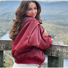 Lunivop Autumn Women's Zipper Leather Bomber Jackets Casual Striped Coats Chic Lapel Loose Long Sleeve Motorcycle Outwear Top