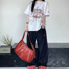 Lunivop Hot Girls Red Tote Bag Purse Women High Street Large Capacity Pu Leather Casual Y2k Handbag Ladies Retro Shoulder Bags