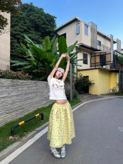 Lunivop Yellow Plaid Printed Mid-length Skirt for Women Summer Elastic Waist A-line Skirts Y2k High Waist Mid-length Faldas Mujer