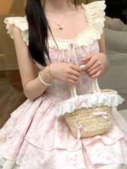 Lunivop Sweet Floral Printed Waist Slimming Square Neck Short Dresses for Women Summer New Spicy Girl Sleeveless A-line Bodycon Dress