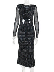 Lunivop Glitter Hollow Out See-Through Maxi Dress Female Sexy Lace-Up Club High Waist Patchwork Sparkle Bandage Women Long Dress