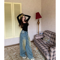 Lunivop High Waist Blue Women's Jeans Vintage Streetwear American Style 90s Y2K Wide Leg Design Sense Trouser Classic Baggy Denim Pants