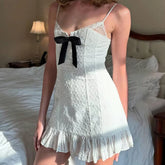 Lunivop Bow Lace Trim White Sling Mini Sexy Dresses Sweet Women Elegant A-line Cotton Summer Dress Night Out Robe