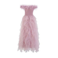 Lunivop Ruffles Edge Strapless Evening Dress Women Slash Neck Fashion Elegant Backless Puffy Dresses Female 2025 Spring New