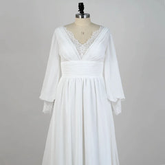 Lunivop V-Neck Full Sleeves Wedding Dress A Line Chiffon Bridal Gowns New Summer Lace White Women Dress