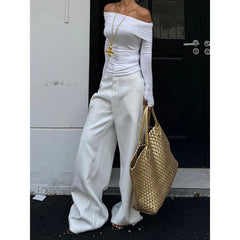 Lunivop Spring Casual High Waist Oversized Wide Leg Pants Women's Solid Color Fashion Loose Fit Soft Full Length White Trousers