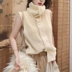 Lunivop Button Up Sweater Vest for Women Soft Comfy High Neck Sleeveless Knit Vest Slouchy Knitwear Female Autumn Winter Casual Outfit