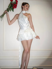 Lunivop Satin Sexy Backless 3D Flowers Women Dress White Halter A-line Dress Female Spring Slim Elegant Party Clubwear Vestidos