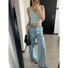 Lunivop Street Vintage Jeans New Y2K Harajuku Wash Blue Multiple pockets Baggy Jeans Denim Pants Womens High Waist Wide Trousers