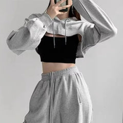 Lunivop Autumn Rope Hooded Long Sleeve Hoodies Extra Cropped Sweatshirt Cape Women High Waist Casual Jumper Short Sweats Gray White