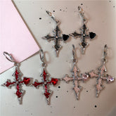 Lunivop Goth Punk Vintage Red Pink Irregular Crystal Heart Cross Pendant Earrings Men Egirl Grunge Y2K Aesthetic EMO Jewelry Accessories