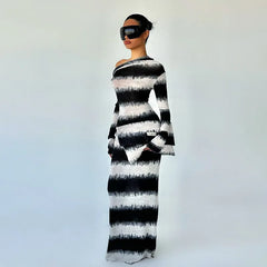 Lunivop Black And White Striped Asymmetrical Dress One Shoulder Long Sleeve Maxi Dresses Fall Fashion Women Y2K Outfits