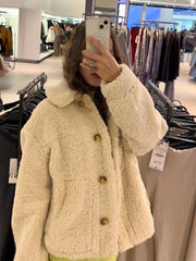 Lunivop Casual Turn-down Collar Lamb Wool Jacket Women Thickened Warm Single Breasted Coats Women Autumn Winter High Street Outwear Tops