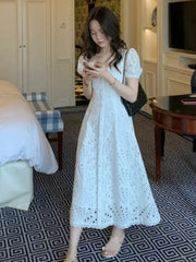 Lunivop Summer White Midi Dress Hollow Out For Women Elegant Square Collar Puff Sleeve French Kawaii Vestidos Korean Chic Dresses Mujer