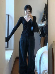 Lunivop Long Sleeve T-shirts Y2K Women Tops V-neck Bandage Sexy Bottoming Tees Slim Fit Autumn Winter Elastic T-Shirt Female Clothing