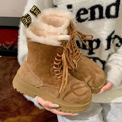 Lunivop Winter Thick Soled Snow Boots Retro Round Toe Lace Up Suede Leather Thick Cotton Shoes Women Platform Mid-calf Boots